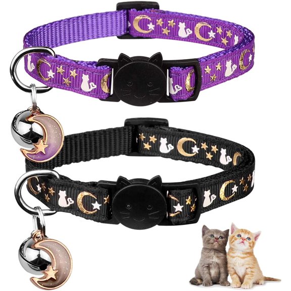 2PCS Breakaway Cat Collars with Bell Moons Stars Cute Kitty Adjustable Safe Kitten Pendant Glow in The Dark(&Purple)