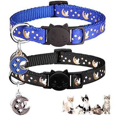 2PCS Breakaway Cat Collars With Bell & Glow In Dark - Includes Airtag Holder, QR Code ID Tag, Reflective Safe Kitten Collar | Star Moon Design, Adjustable