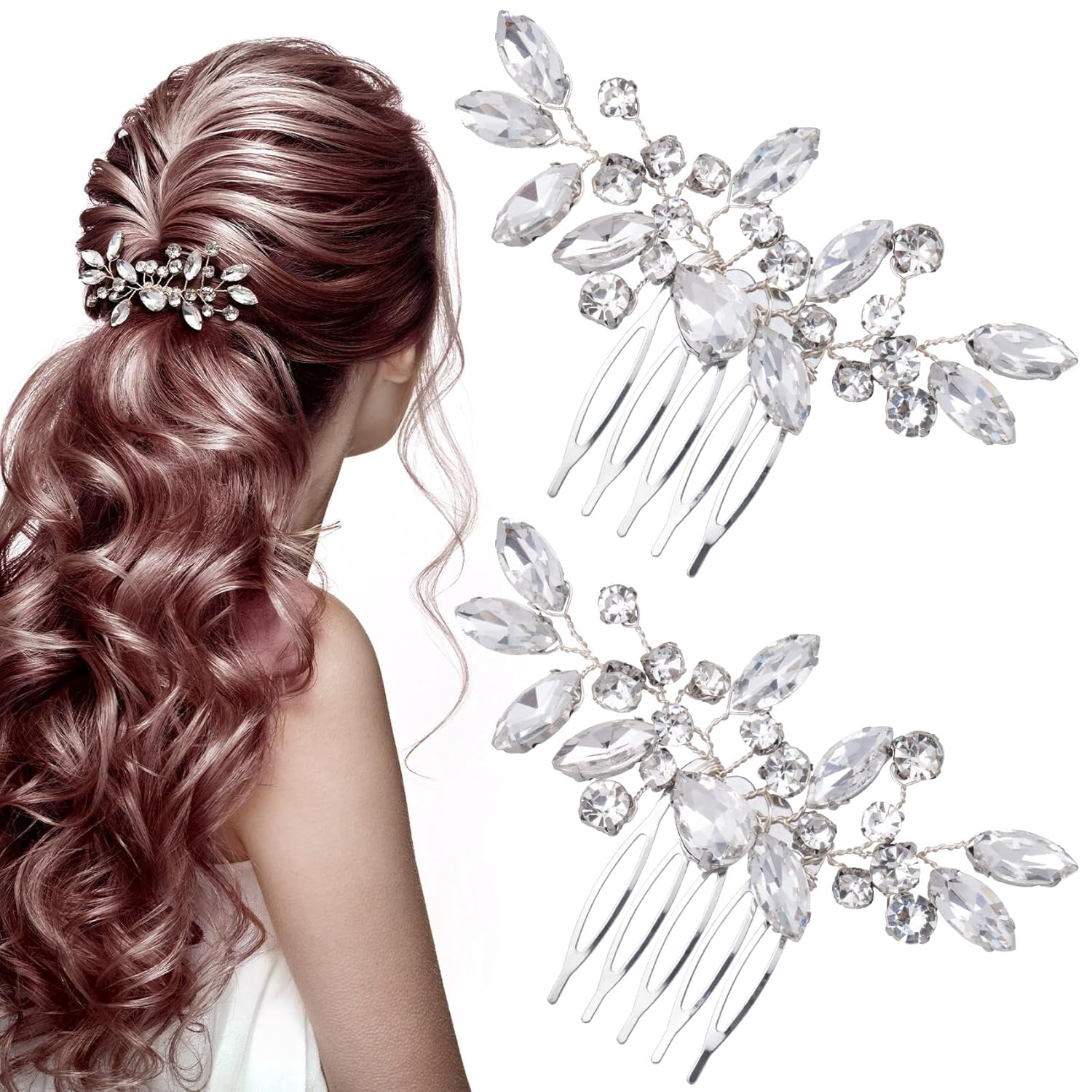 2PCS Bridal Hair Side Combs, Clear Rhinestones Metal Hair 