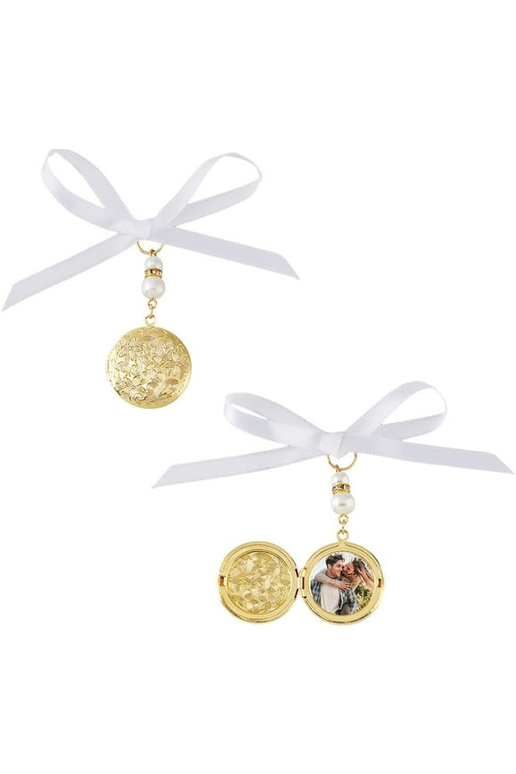 2PCS Bride Flower Charms Golden Bouquet oto Charms Round Locket for Bouquet 6.5cm Long Memorial otos Pendants Brass Personalised oto Charm with Ribbon