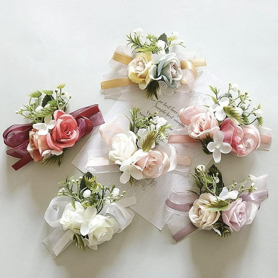 2PCS Bridesmaid Wrist Corsage Bracelet Wristlet Band Bridal Rose Corsage Girl Women Hand Flowers Boutonnieres for Wedding Prom Party Decorations