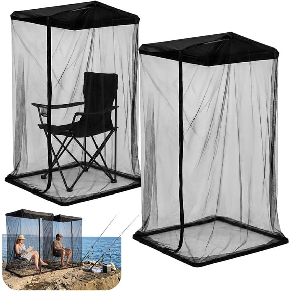2PCS Bug Beater Outdoor Chair Mosquito Net Cover, 63" H Waterproof Black Mesh Tent with Zipper for Canopy Chairs, Lawn Chair with Canopy for Fishing Camping - Chair & Frame Not Included or Support