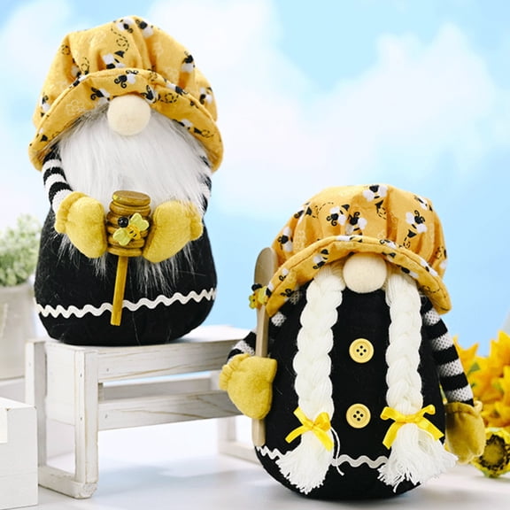 2PCS Bumble Bee Chef Gnome Set Scandinavian Tomte Nisse Swedish Honey Bee Elf Home Farmhouse Kitchen Decor Bee Shelf Tiered Tray Decorations