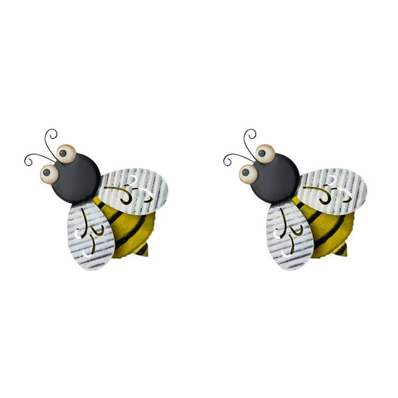 2PCS Bumble Bee Wall Decor - Metal Garden Art Hanging Sculpture for Outdoor Fence, Patio & Yard - Decorative Iron Bee Statue with Black & Yellow Stripes - Cute Animal Decor for Home, Office & Garden
