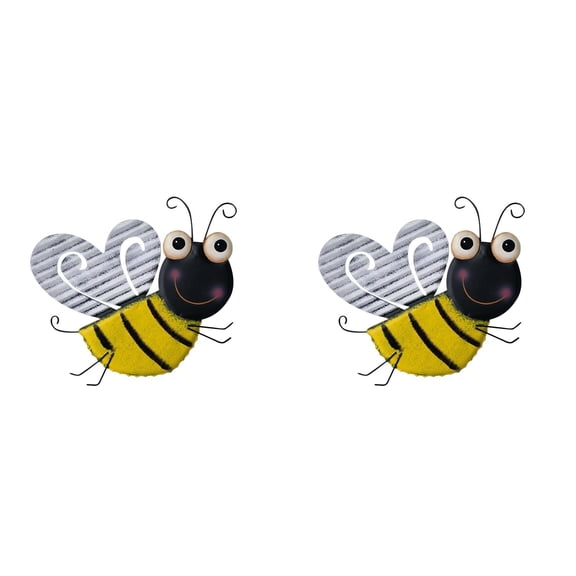 2PCS Bumble Bee Wall Decor - Metal Garden Art Hanging Sculpture for Outdoor Fence, Patio & Yard - Decorative Iron Bee Statue with Black & Yellow Stripes - Cute Animal Decor for Home, Office & Garden