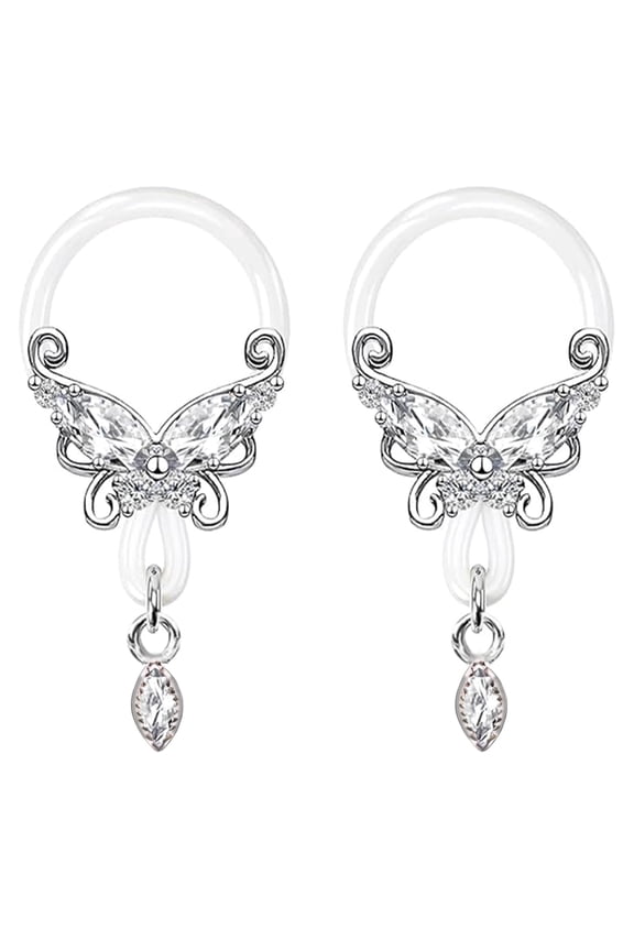 2PCS Butterfly Fake Nipple Rings for Women CZ Dangle Non Pierced Nipple Body Jewelry