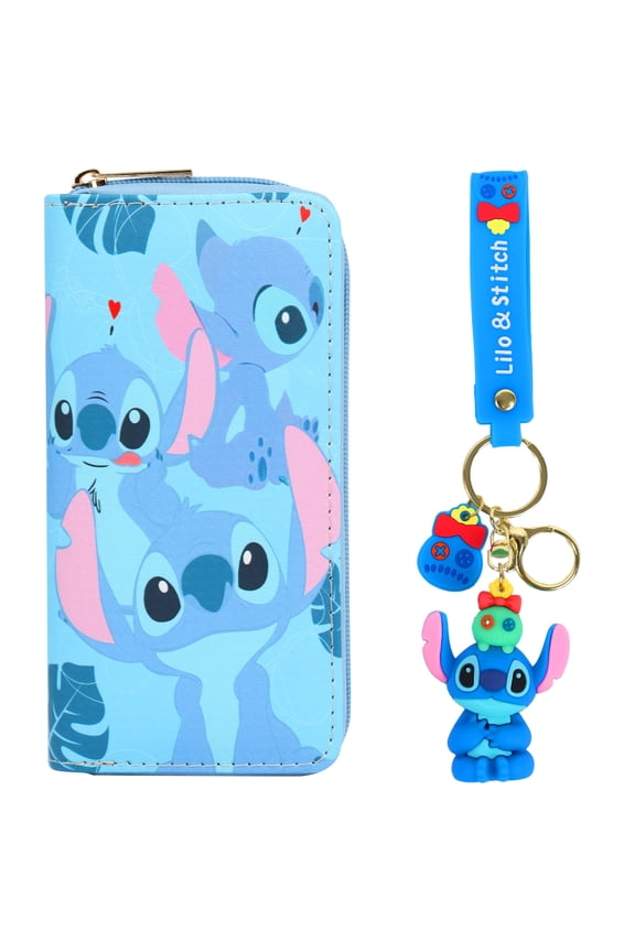 2PCS CTUE Stitch Wallet Keychain Two Pieces Long Wallet Cute Fashion Funny Pattern, Zipper Wallet