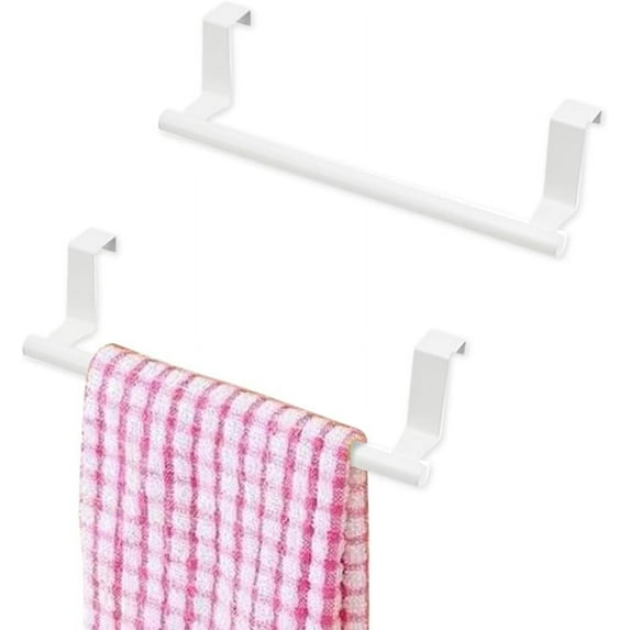 2PCS Cabinet Door Towel Bar, 9 Inch Long Dishwashing Towel Rack, Stainless Steel Towel Holder, Over The Door Hand Towel Hanger for Kitchen Bathroom Cupboard (White)
