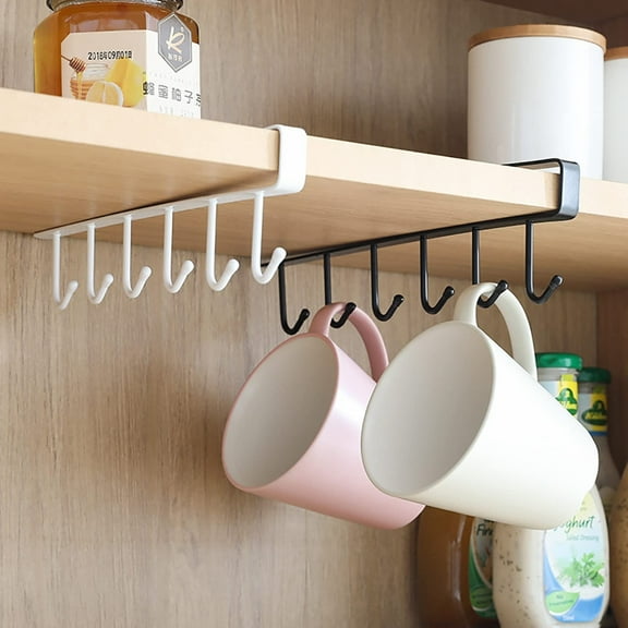 2PCS Under Cabinet Mug Hooks, Multi-Functional Cup Organizer for Cabinet, 6 Hook Hanging Rack for Coffee Mugs/Kitchen Utensils/Ties/Belts/Keys, Self-Adhesive Nail-Free Mug Hooks Under Cabinet