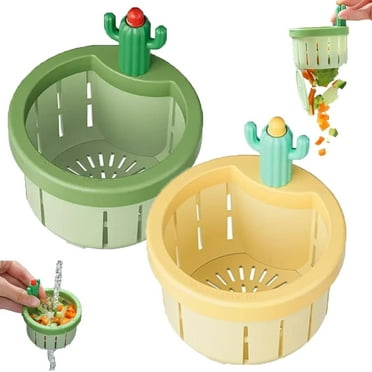 2PCS Cactus Kitchen Sink Drain Strainer,Self-Cleaning Sink Strainer,Press Automatic Dumping Basket,Cactus Sink Draining Basket Filter Net Lifting Basket,Green+Yellow