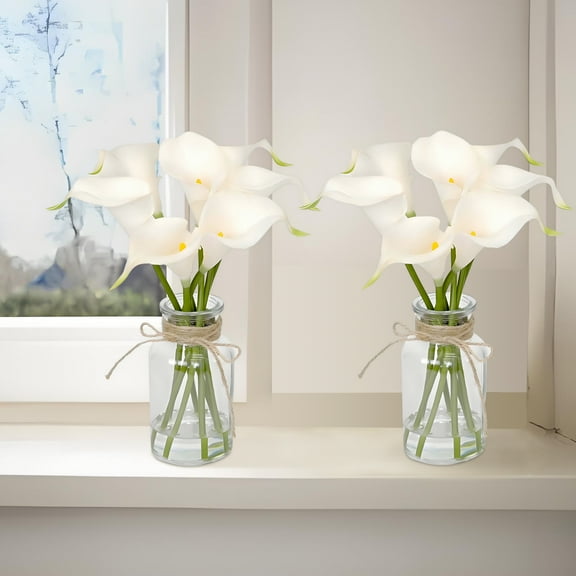 2PCS Calla Lily Artificial Flowers in Glass Vase with Faux Water, 6 Pcs Real Touch Latex Fake Flowers, Fake Flowers in Vase Artificial Calla Lily Pure-White Flowers Arrangement with Vase