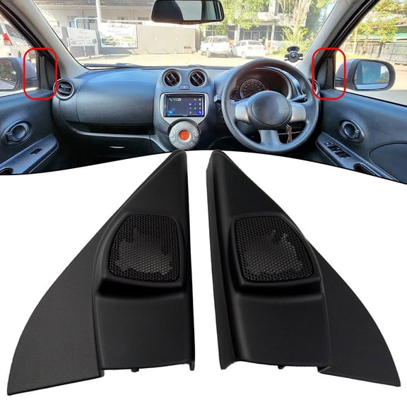 2PCS Car A-Pillar Tweeter Speaker Cover Mounts ABS Black, for March 2011, Interior Door Triangle Audio Panel Replacement, Easy Direct Install, Anti-Corrosi