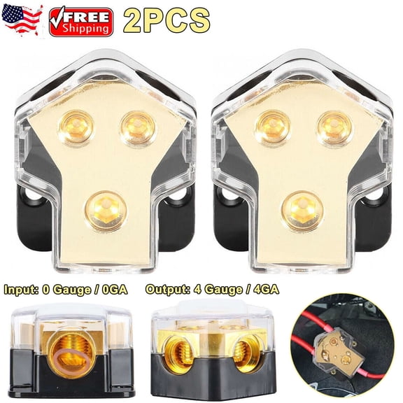 2PCS Car Audio Splitter Amp Power 0 Gauge In 4 Gauge Out 2-Way Distribution Block