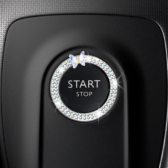 2PCS Car Butterfly Bling Ring Emblem, Crystal Rhinestone Auto Key Ignition Knob Ring, Car Engine Push to Start Button Decoration Sticker, Sparkling Auto Interior Accessories for Women (Blue)