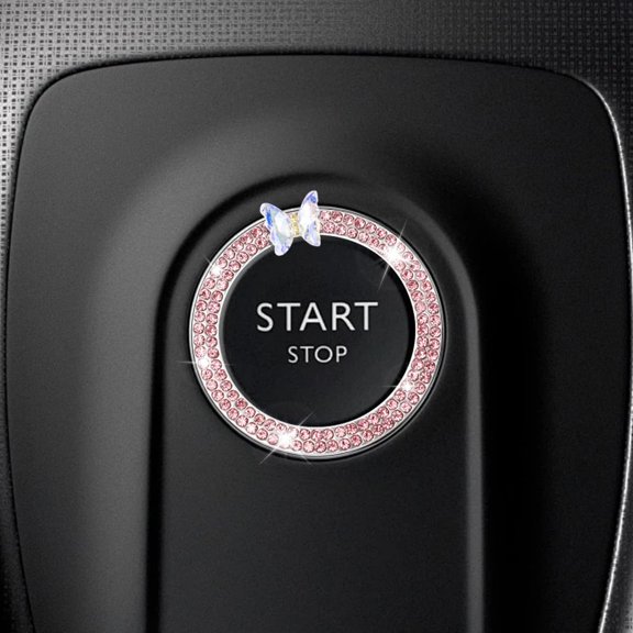 2PCS Car Butterfly Bling Ring Emblem, Crystal Rhinestone Auto Key Ignition Knob Ring, Car Engine Push to Start Button Decoration Sticker, Sparkling Auto Interior Accessories for Women (Blue)