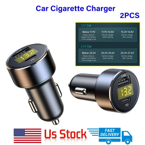 2PCS Car Charger Lighter LED Voltmeter 2.4A USB Type-C port charging 12/24V New