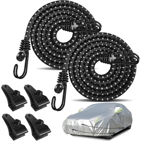 2PCS Car Cover Gust Straps Wind Protector,Bungee Cords Hook Clips Kit Hold Tarp Tie Down from Blowing Off in High Winds-Universal Fit for Most Cars,Sedans,SUVs,Trucks,Vans and More-Black