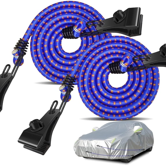 2PCS Car Cover Gust Straps Wind Protector,Bungee Cords Hook Clips Kit Hold Tarp Tie Down from Blowing Off in High Winds-Universal Fit for Most Cars,Sedans,SUVs,Trucks,Vans and More-Blue