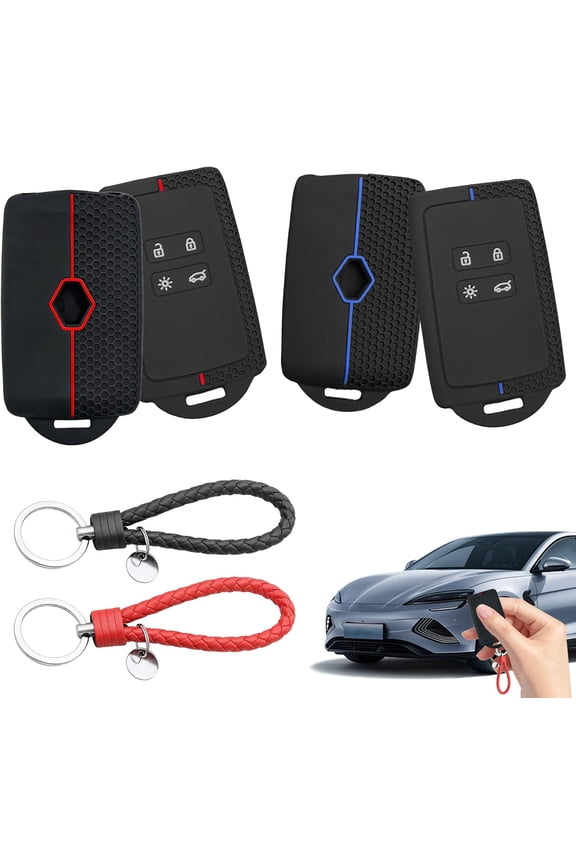 2PCS Car Key Cover For Renault And Dacia 4 Button Key Fob Holder For Renault, Clio, Megane, Kadjar, Captur, Soft TPU Car Key Card Protection Case With Keychain (Blue Line/Red Line)