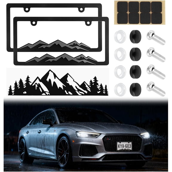 2PCS Car License Plates Frames Mountains,Raised Mountain Cars Plate Frame with Screws & Caps,Decorative Universal Cars Tag Frame as Car Accessories Include Mountain Decal