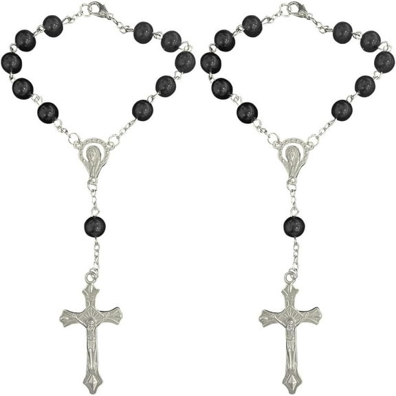 2PCS Car Rosary for Rearview Mirror, Black Rosary Pendant Car Interior Rear View Mirror Charm Auto Decors, Car Medal and Cross Personalized Hanging Accessories for Women Men (Black)
