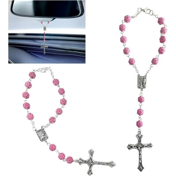 2PCS Car Rosary for Rearview Mirror, Blue Ceramic Beads Pendant Car Interior Rear View Mirror Charm Auto Decors, Car Medal and Cross Hanging Accessories for Women Men (Ceramic)