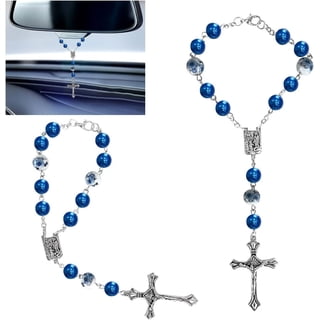 St. Benedict Medal Car Rosary - One Decade Mirror Hanging For Spiritual Protection, Blue Beads