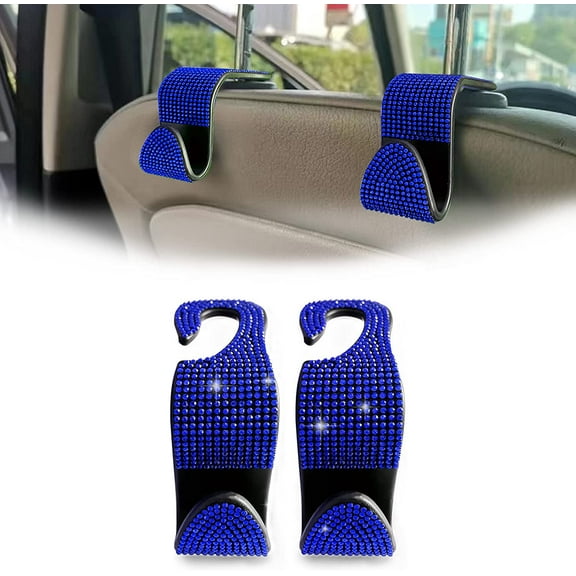2PCS Car Seat Hooks, Car Bling Rhinestone Seat Headrest Hooks, Front and Rear Seat Hook Organizer, Can be Used for Handbags, Clothes, Purse, Water Bottles (Blue)