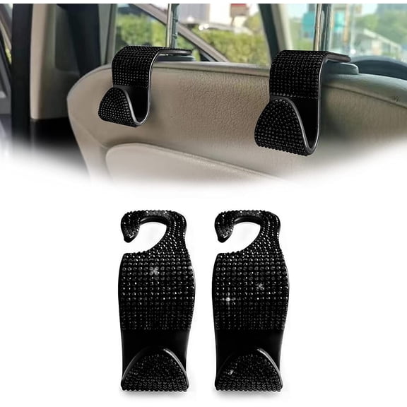 2PCS Car Seat Hooks, Car Bling Rhinestone Seat Headrest Hooks, Front and Rear Seat Hook Organizer, Can be Used for Handbags, Clothes, Purse, Water Bottles (Black)