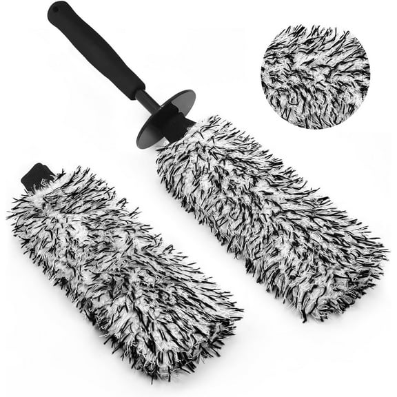 2PCS Car Wheel Cleaning Brush, Microfiber Flat Wheel Rim Cleaner Brush with Extra Removable Cover, Car Cleaning Brush for Wheels Tire Fenders Engine Exhaust Tips, Black&White