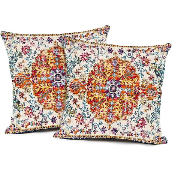 2PCS Carpet Pattern Boho Style Ethnic Design Decorative Cotton Linen Throw Waist Pillow Case Cushion Cover Orange Blue Pillowcase 20x20 Inches