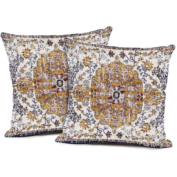 2PCS Carpet Pattern Boho Style Ethnic Design Decorative Cotton Linen Throw Waist Pillow Case Cushion Cover Yellow Blue Pillowcase 18x18 Inches