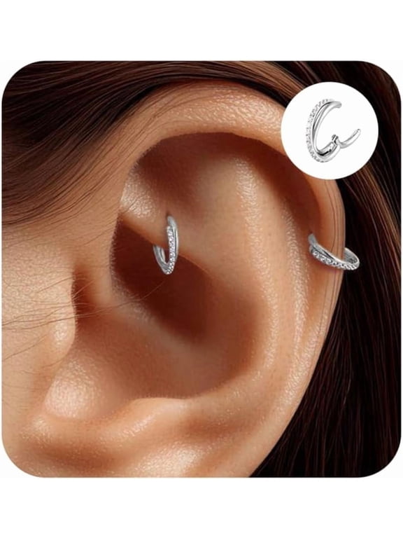 2PCS Cartilage Helix Piercing Earrings For Women Titanium Rook Jewelry Small Double Hoop Conch 16G Tragus 14K Gold Plated Hypoallergenic For Sensitive Ears