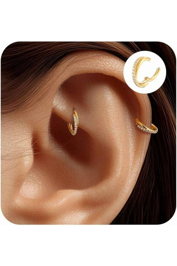 2PCS Cartilage Helix Piercing Earrings For Women Titanium Rook Jewelry Small Double Hoop Conch 16G Tragus 14K Gold Plated Hypoallergenic For Sensitive Ears