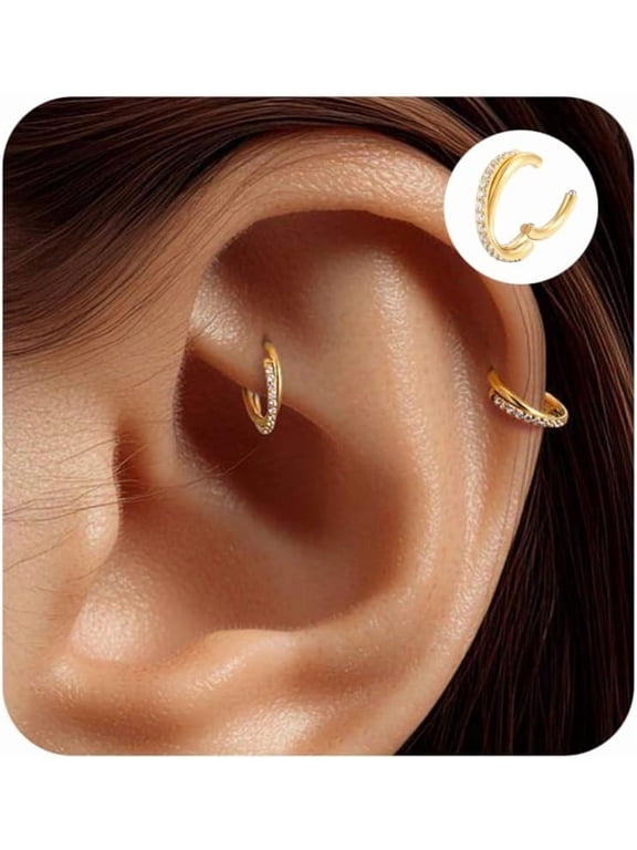 2PCS Cartilage Helix Piercing Earrings For Women Titanium Rook Jewelry Small Double Hoop Conch 16G Tragus 14K Gold Plated Hypoallergenic For Sensitive Ears