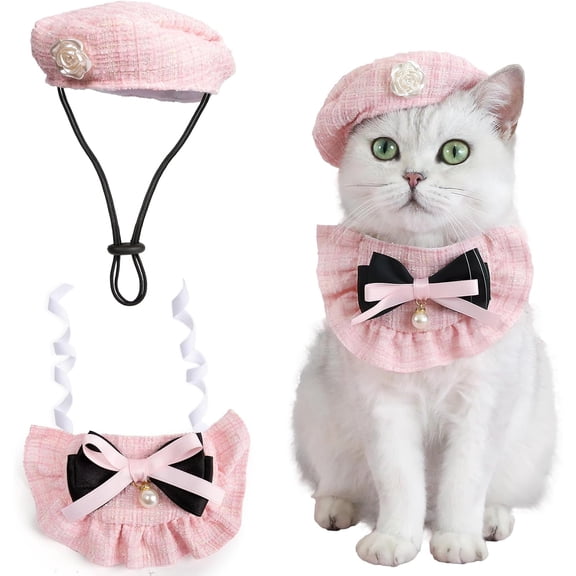 2PCS Cat Beret Hat with Adjustable Satin Bowtie Bandana Scarf Set, Pet Princess Costume for Christmas, Cat Dog Birthday Party Apparel