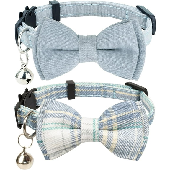 2PCS Cat Collar Breakaway Bowtie Safety with Bell Adjustbale Kitten Puppy Solid Plaid Color Set