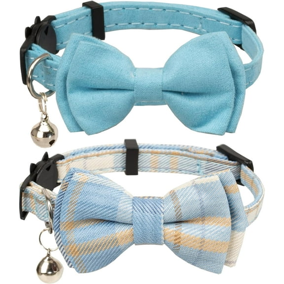 2PCS Cat Collar Breakaway Bowtie Safety with Bell Adjustbale Kitten Puppy Solid Plaid Color