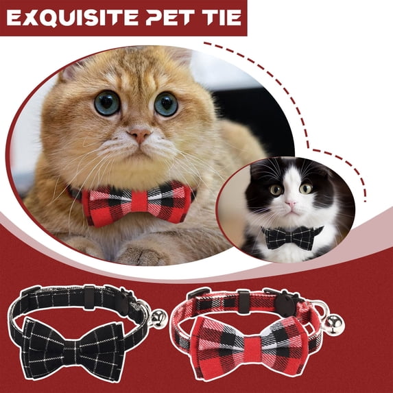 2PCS Cat Collar with Bell, Plaid Cat Collar with Bow Tie, Adjustable Buckle for Extra Small Medium Tiny Female Male Boys Girls Pets Puppy Kitten