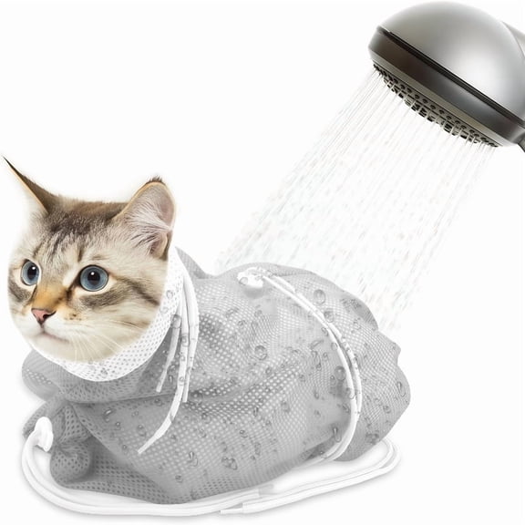 2PCS Cat Grooming Bath Bag, Breathable Mesh Shower Restraint with Adjustable Drawstring for Nail Trimming and Bathing, Soft Polyester Pet Shower Stall Cleaning Bag (Random Color)