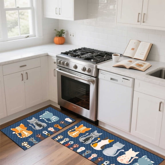 2PCS Cat Kitchen Rug, Country Farmhouse Style Decor Kitchen Floor Mat, Non- Absorbent and Washable Runner Rug, Funny Cat Blue Kitchen Decorations 15.7x23.6+47.2x15.7Inches
