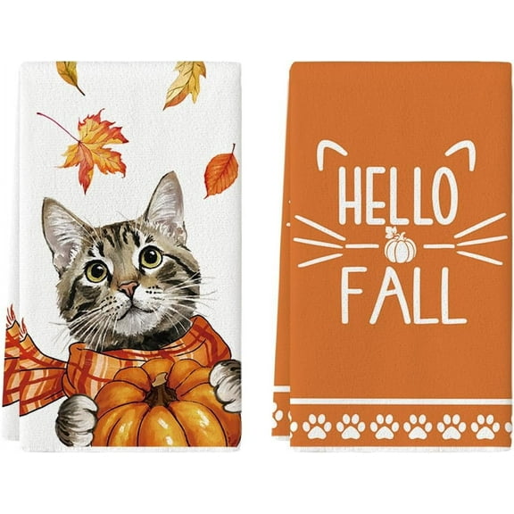 2PCS Cat Pumpkin Hello Fall Kitchen Towels Dish Towels, 16x24 inch Farmhouse Thanksgiving Scarf Maple Leaves Decoration Hand Towels