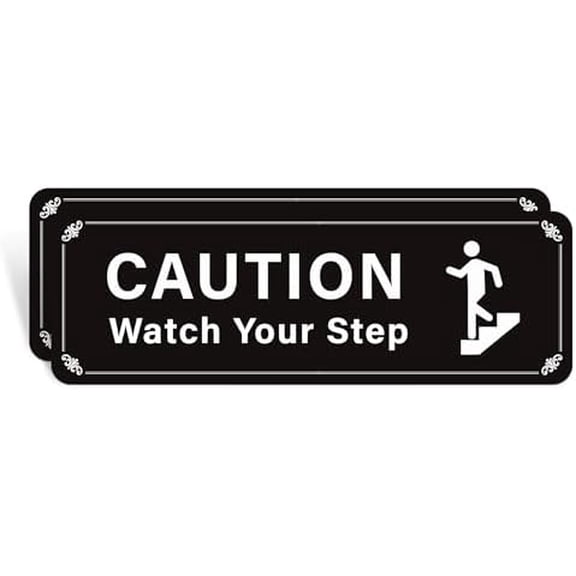 2PCS Caution Watch Your Step Sign, Self-Adhesive Waterproof Vinyl Watch Your Step Sticker, Warning Sign for Home/House, Business, Restaurants and Offices Outdoor or Indoor Use(Black White)
