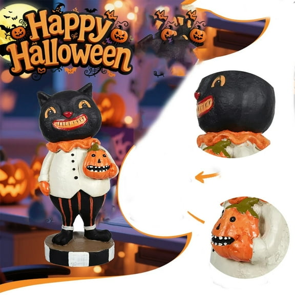 2PCS Celebrate Halloween with Black Cat Holding Jack-O'-Lantern Figurine 10.5 In Smiling Cat & Pumpkin Plastic Action Figures Outdoor Halloween Decor