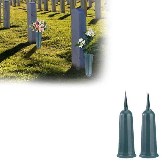 2PCS Cemetery Vases for Grave Decorations for Cemetery, Bouquet Holder Cemetery Flower Vases Memorial Floral Vase with Stake Plastic Vases for Flowers In Ground with Stone Speckle,Green
