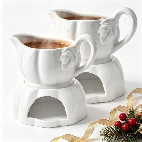 Waxgamo 2PCS Gravy Boat with Warmer – 16.2 Oz Dripless Ceramic Gravy Bowl with Handle & Spout – Microwave, Freezer & Dishwasher Safe Sauce Server for Thanksgiving, Christmas, Holiday Meals