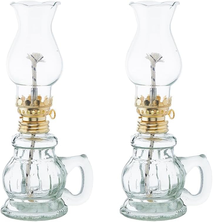 2PCS Chamber Oil Lamps Glass Clear Kerosene Lamp Hurricane Lamp Rustic Oil Lantern with Adjustable Fire Wick Lighting for Home Tabletop Decor Emergency Lighting
