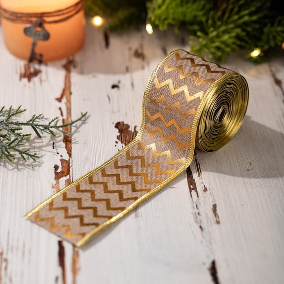 2PCS Champagne Gold Christmas Wired Ribbon - 16.4 Ft Yard Christmas Mesh Ribbon for Gift Wrapping, Tree Decor & DIY Crafts, Holiday Bow Making,C