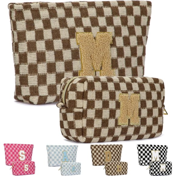 2PCS Checkered Makeup Bag for Women Personalized Initial Letter Makeup Bag Travel Toiletry Bag Organizer Cute Makeup Brushes Storage Bag Mother's Day Birthday Gift for Women (Brown M)