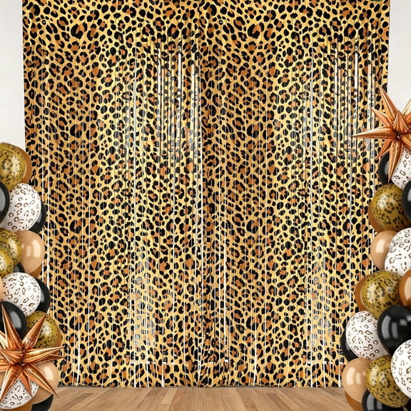 2PCS Cheetah Birthday Decoration Foil Fringe Curtains 39 x 78 Inch Leopard Party Decoration Backdrop